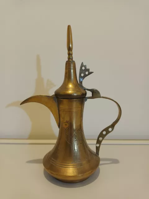 Antique Brass Arabian Dallah Coffee Pot, tea engraved with camel and palm tree
