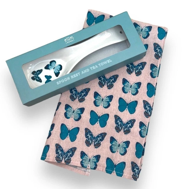 NEW Elum Home spoon rest and tea towel set blue teal butterfly morpho accents