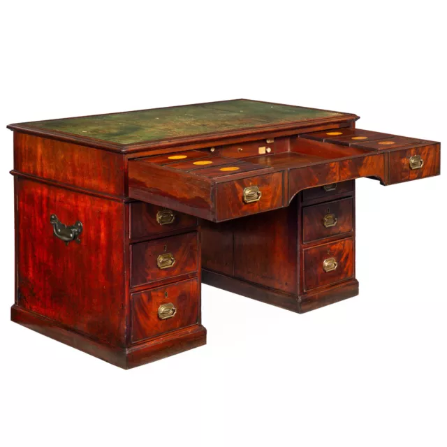 English George III Mahogany & Leather Pedestal “Rent” Writing Desk ca. 1800