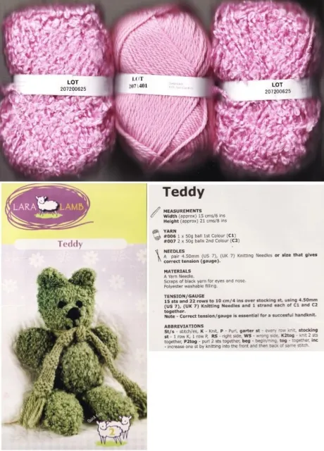 Pretty PINK TEDDY BEAR Knitting Kit – Novelty Wool & Pattern by LARA LAMB New