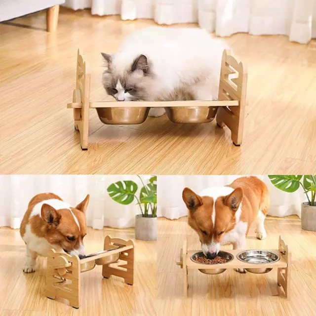 Adjustable Double Bowl Dog Cat Feeder Elevated Raised Pet Feeding w n Food O2L4