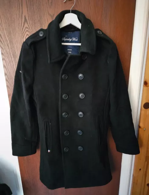 SUPERDRY COMMODITY MENS Large Wool Pea Coat Black Slim Fit Double Breasted Naval 40.00 PicClick UK