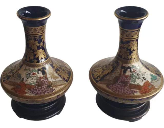 Pair of Antique Miniature Japanese Satsuma Vases signed Nambe, 10cm with stands