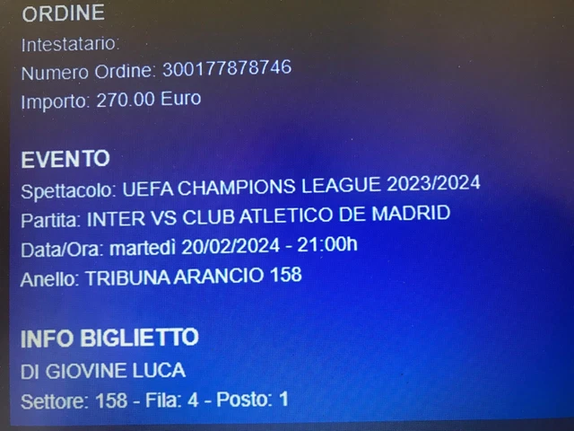 BIGLIETTI INTER Atletico Madrid 1° anello arancio centrale a prezzo di ...