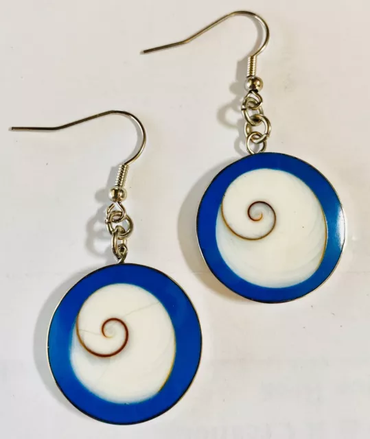 Pretty Blue Round Spiral Shiva Shell Stainless Earring