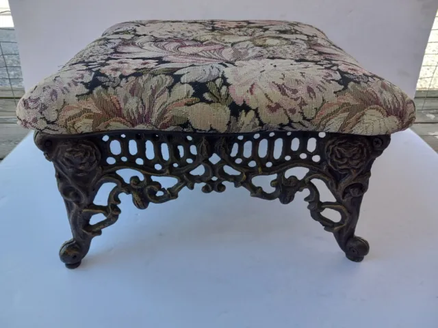 Vintage Ornate Victorian Cushioned Cast Iron Foot Stool Small Ottoman