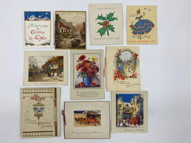 Set of 10 early greetings cards 1920s 30s 40s all original used as photos D
