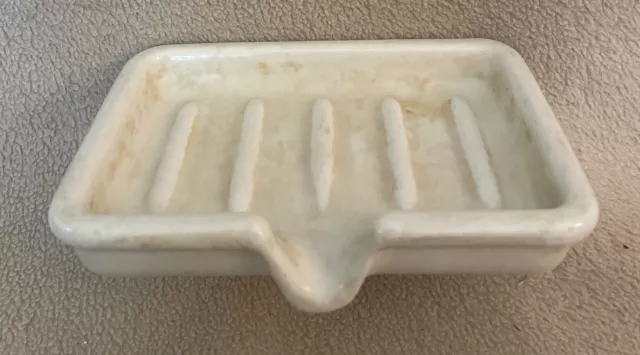 Antique Porcelain Soap Dish with Draining Spout & Brass Mounting Post