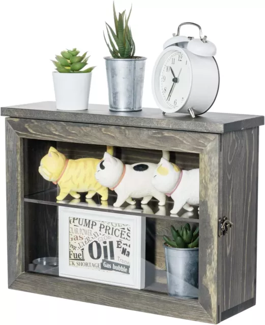 Wall Mounted Gray Wood Display Case, Hanging Shadow Box w/ Clear Viewing Panel