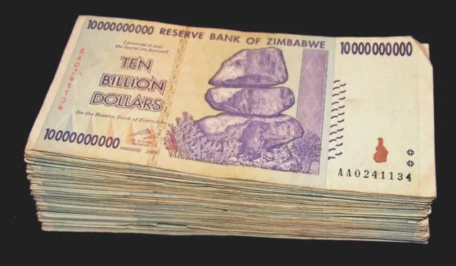 100 x Zimbabwe 10 billion Dollar banknotes-full currency bundle