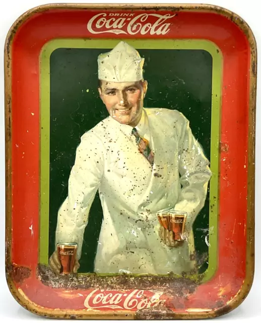 Rare Vintage Coca Cola Soda Jerk Metal Serving Tray Coke Pop Man Fountain RUSTY