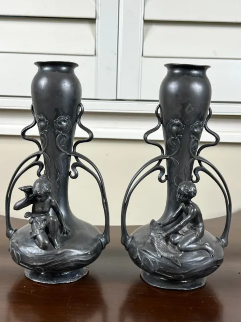 Very Rare Pair of WMF Silver-plate Art Nouveau Vases Girl w. Shell & Boy w. Fish