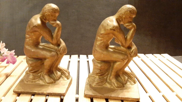 Vtg Antique Brass  Rodan Thinker Thinking Man Bookends Statue 1900 Verona
