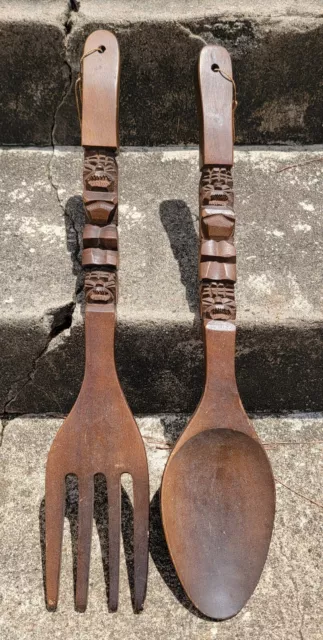 Vintage Large Carved Wooden Fork & Spoon Wall Decor 22 Inch Wood Tiki Totem