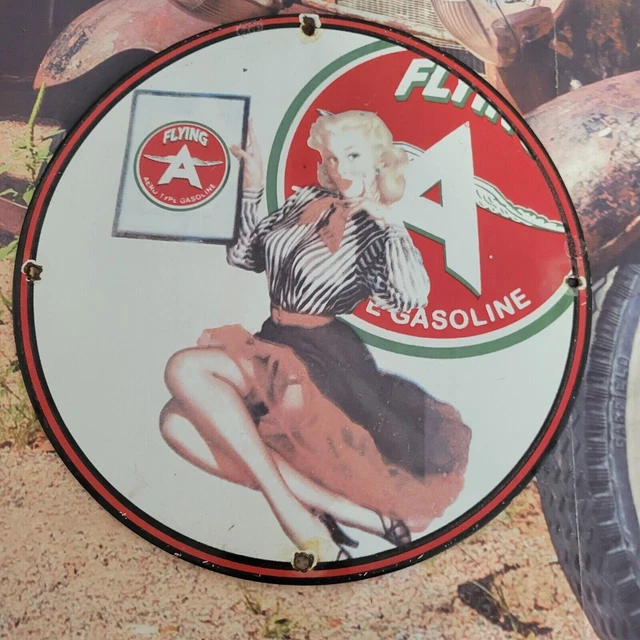 Vintage Flying A Gasoline Motor Oil Porcelain Metal Gas Pump Sign Round