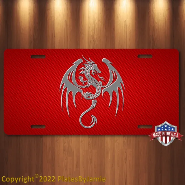 Gray Chrome Dragon on Simulated Red Carbon Fiber Aluminum Vanity License Plate
