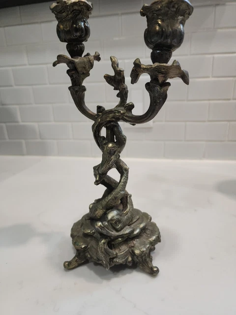 Vintage Antique Jennings Brother JB Metal Brass Koi Fish Dolphin Candlestick 10"