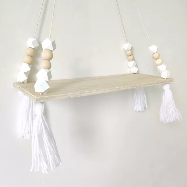 Wooden Nordic Style Hanging Tassel Bead Storage Wall Shelf Kids Nursery Bedroom