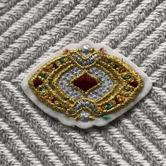 Vintage Embroidered Appliqué Gold And White Oval Red Gem Center 2in