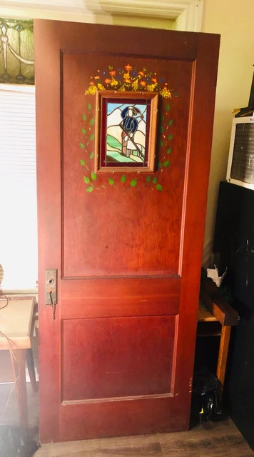 Antique heavy Wood Door painted stained glass windows folk art Rare