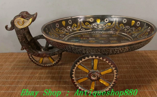 12'' Zhan Han Dynasty Bronze Ware Gilt Silver Inscription Phoenix Bird Pull Cart