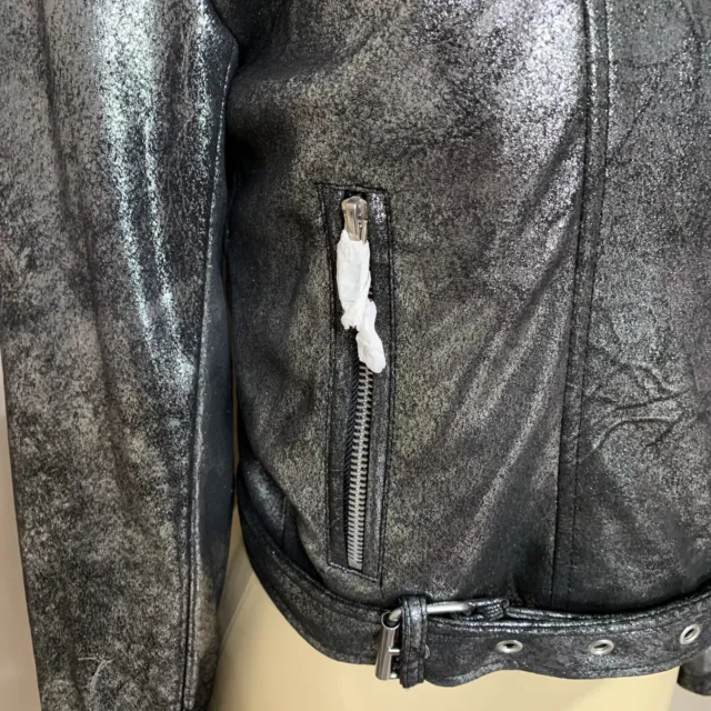 Forever 21 Black/Silver Metallic Moto Cropped Full Zip Jacket Size Medium NWT 3