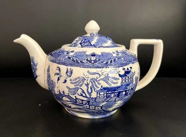 Vintage Burleigh Ware Blue Willow Large Teapot, Made In England, Crazed, As Is