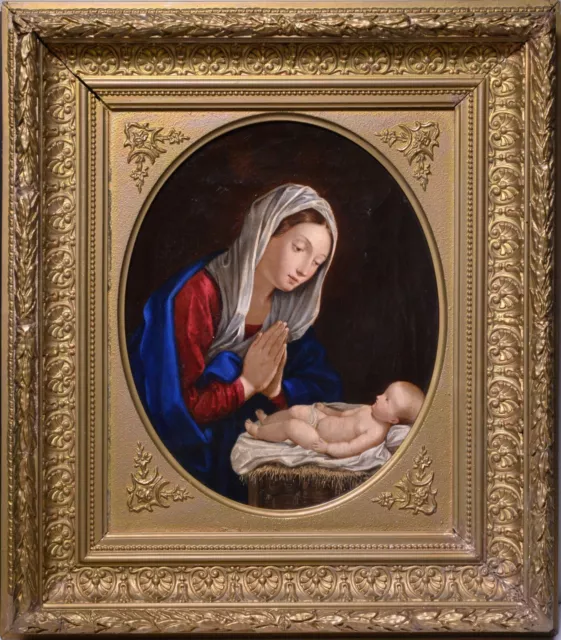 Madonna Bending and Praying over Child 19th century Religious scene Oil painting