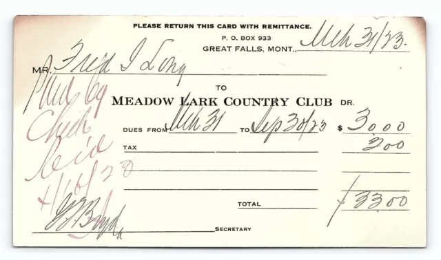 Great Falls MT Meadow Lark Country Club Card Receipt For Dues 1923     e1-22