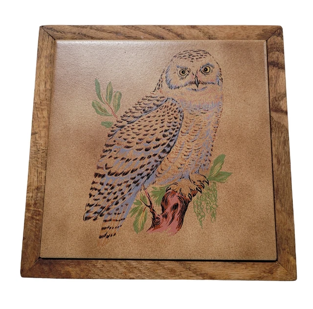 8" x 8" Tile with Snowy Owl framed out by 9 1/4" x 9 1/4" Wooden Trivet Riser