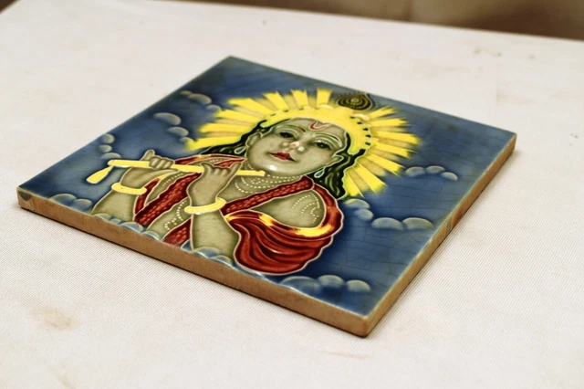 Antique Tile Art Nouveau Majolica Japan Lord Krishna Playing The Flute Porcel"J4 3