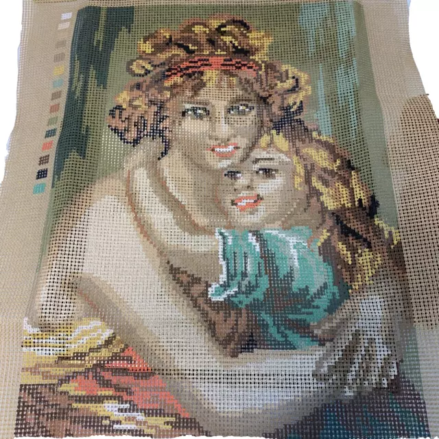 Vintage Tapestry Kit Unworked ‘Mother & Daughter’ Printed Canvas 35 X 45 & Wool