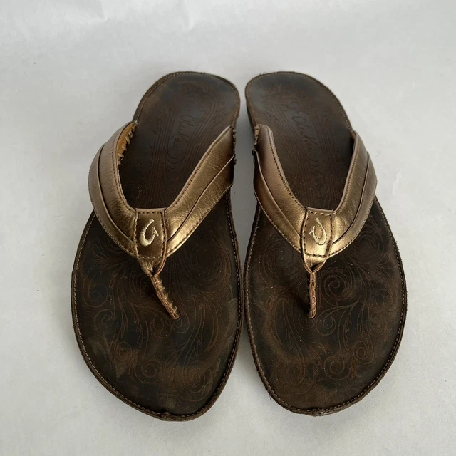 Women's Olukai Haiku Flip Flop Sandals Brown Gold Leather Sz 8 Slides Thong