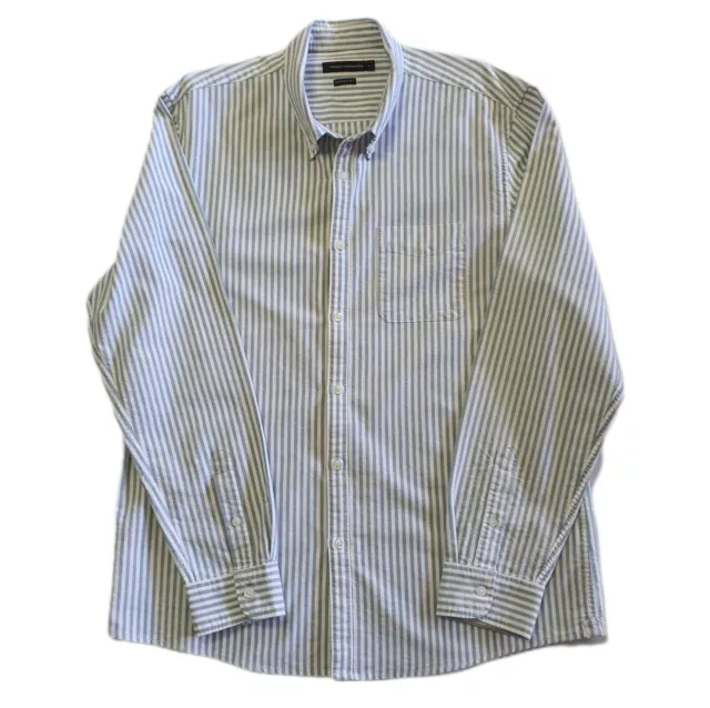 French Connection Mens Long Sleeve Shirt, Size L, White, Blue Stripe, Button Up