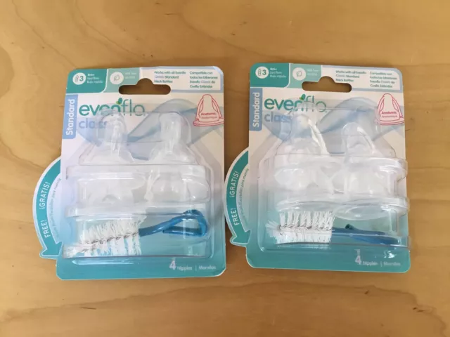 Evenflo Classic Standard #3 8m+ Fast Flow Anatomic 2pack 8nipples With 2 Brushes