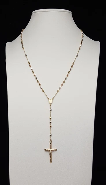 14K Karat Tri Tone Multi Color Gold Religious Rosary Cross Link Chain Necklace 14K Karat Tri Tone Multi Color Gold Religious Rosary Cross Link Chain Necklace