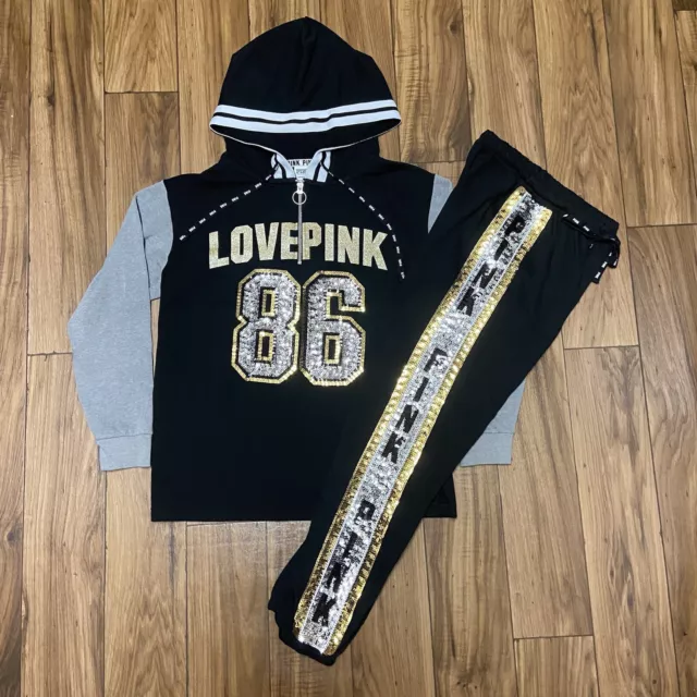 VICTORIA’S SECRET PINK WATERCOLOR BLING HOODIE AND ULTIMATE LEGGINGS OUTFIT  SET 