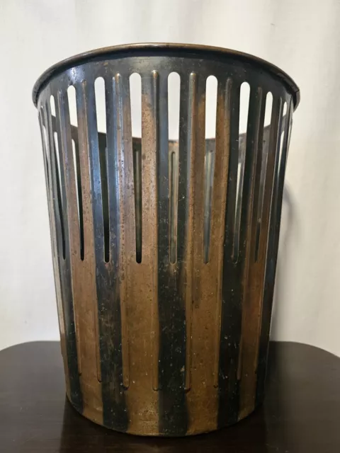 Vtg ERIE ART METAL CO. DAN-DEE Pressed Metal Trash Can ~ STRIPED Black & Copper