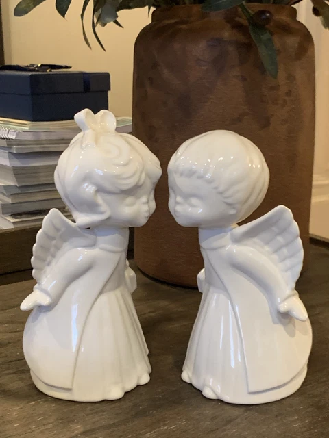 Vintage Christmas Figurines Kissing Angels Iridescent Ceramic Hand Painted