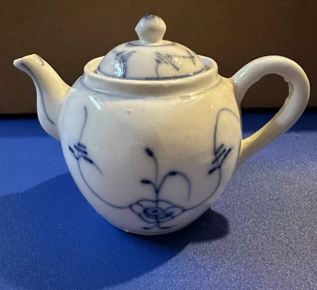 Antique German White & Blue Ceramic Tea Pot, 4 7/8"