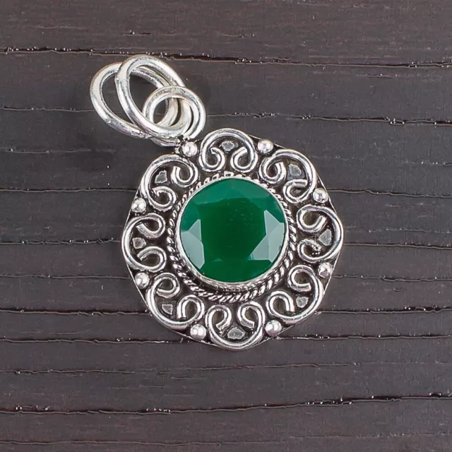 Perfect VINTAGE Unisex Pendant Green Onyx Natural Gem 925 Sterling Silver 1.06"