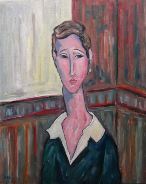 Modigliani style Woman Portrait copy oil painting canvas 16x20 signed Crowell