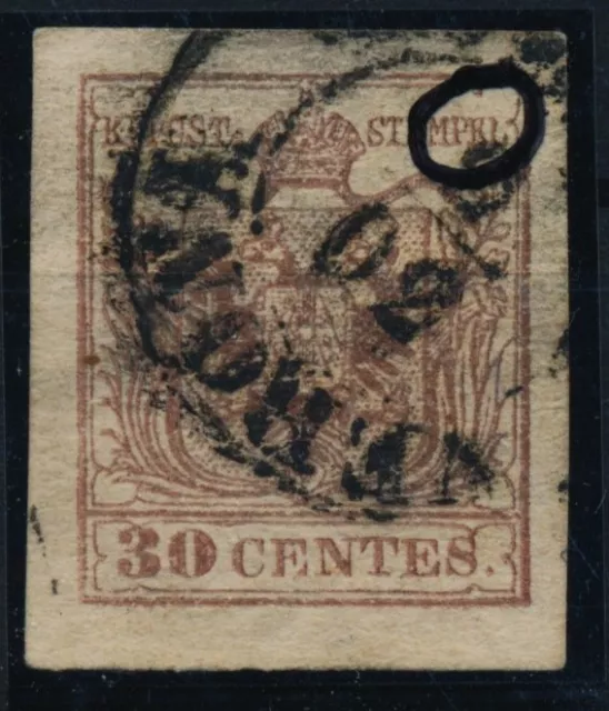 LOMBARDEI-VENETIEN 1850 30C, MP, Type III. P.F:-bei STEMPEL -bei CENTES! VERONA