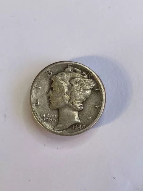 1940 USA Mercury 90% Silver Dime Coin, VF Very Fine