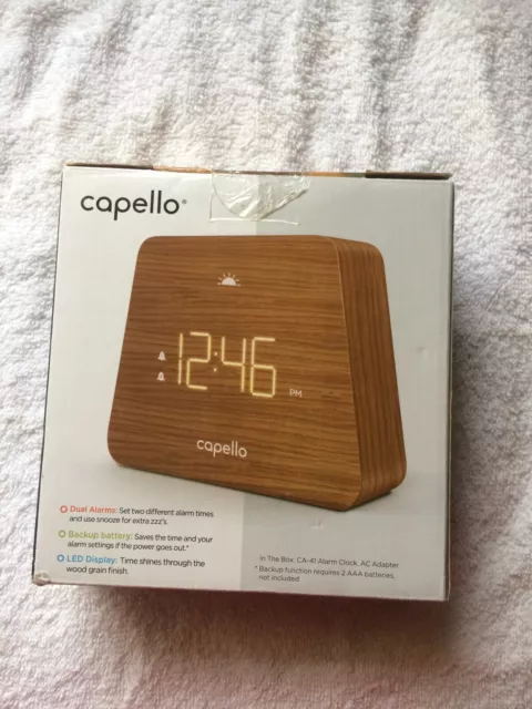 Capello Mantle Clock and Alarm w Wood Finish LED display Dual alarms New
