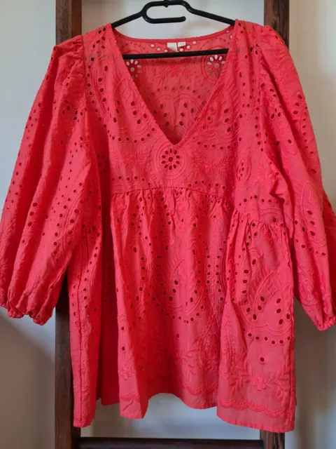 Adorne Boho Style Short Sleeved Bright Orange Broderie Anglaise Top Size 14