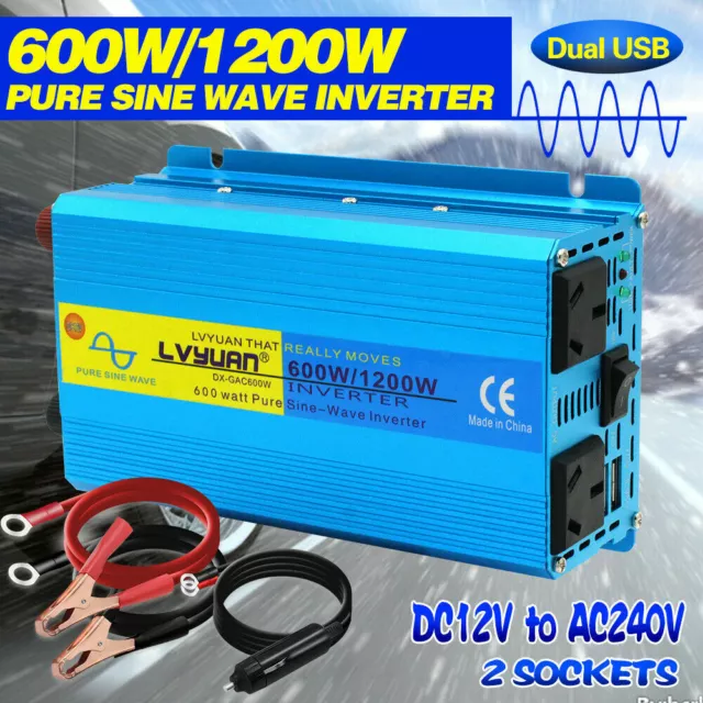 Car 600W 1200W Pure Sine Wave Power Inverter DC 12V to AC 240V Converter 2USB