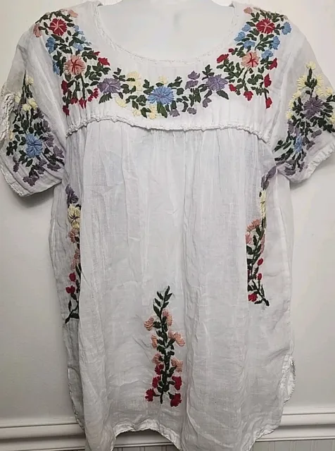 Raj Cotton Gauze Embroidered Tunic Top M White w Colorful Flowers S/S Scoop Neck