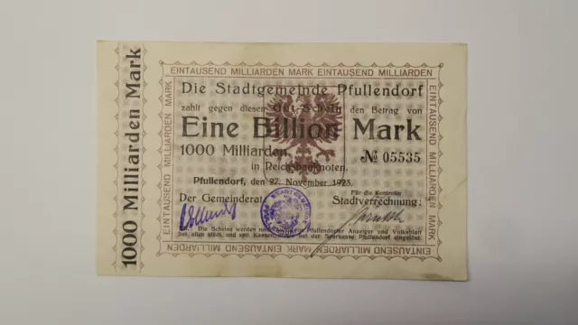 Notgeld, Reichsbankschein, 1 Billion Mark 1923, Stadtgemeinde Pfullendorf