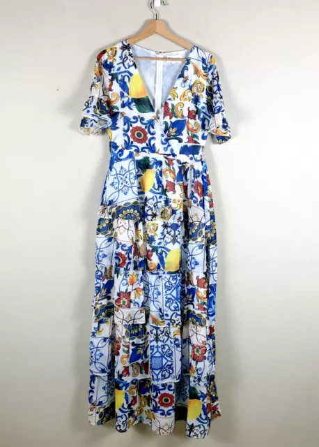 Latiste By Amy Dress Womens Medium Blue Geo Print V Neck Tiered Back Zipper Maxi